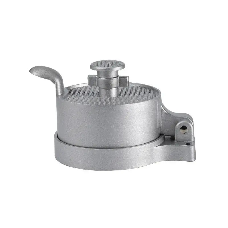 Silver aluminum hamburger press with textured top and handle meat press tool for kitchen use