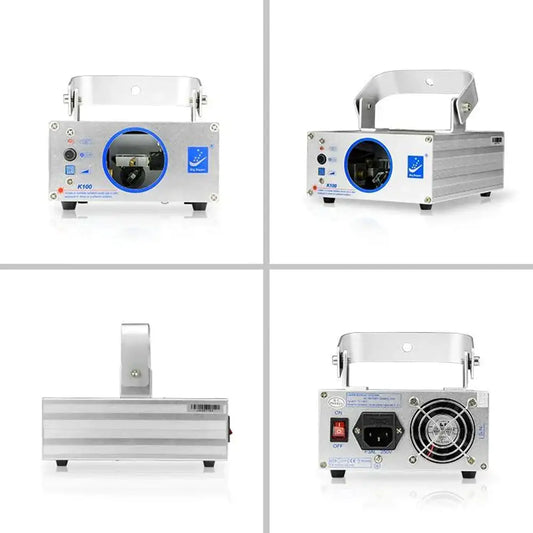 Silver aluminum k100 laser light projector with blue circular lens and mounting handle for purple laser light use