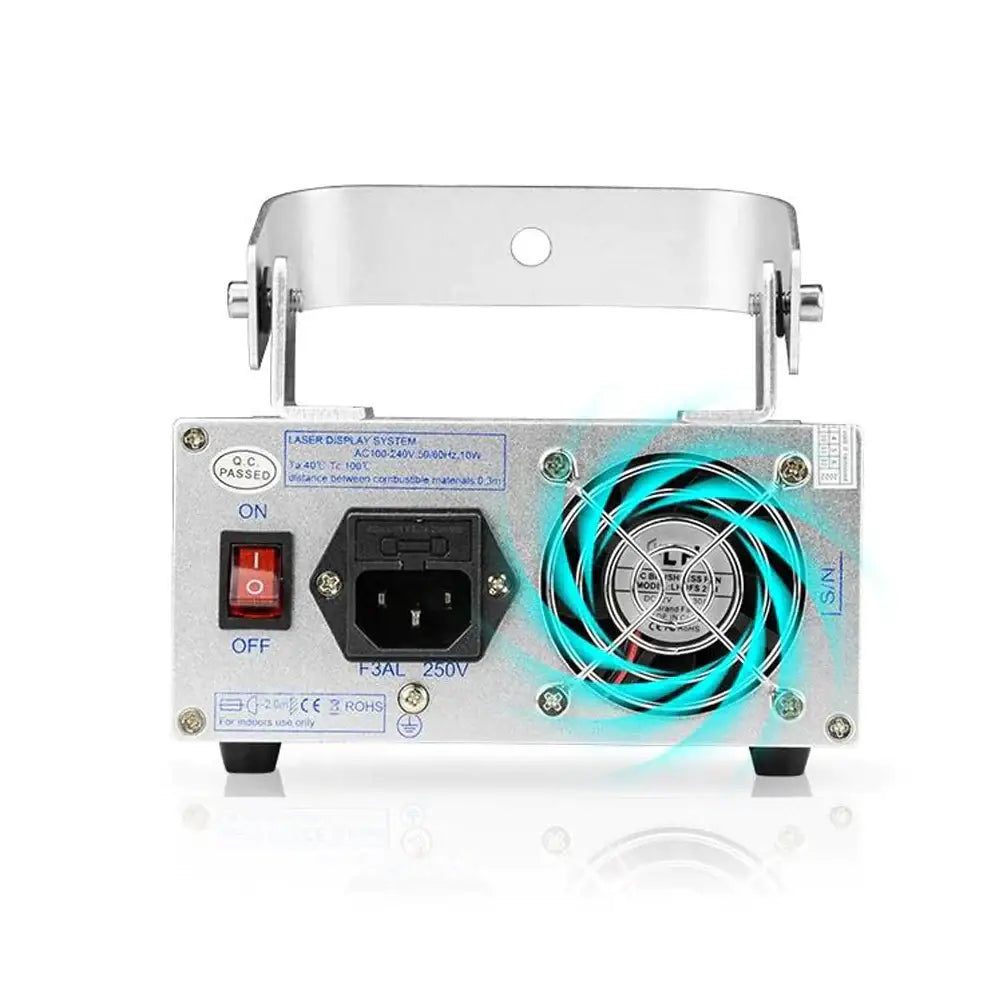Silver aluminum purple laser light projector rear panel with silver metallic laser system black switch and glowing blue fan
