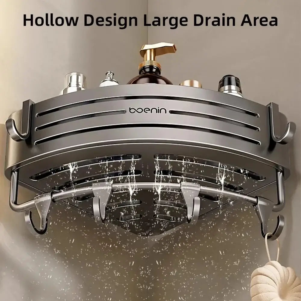 Silver aluminum two tier corner shelf with towel bar hook and hollow design for bathroom decorbites corner shelf