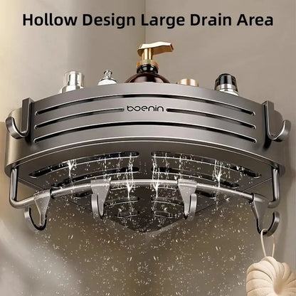 Silver aluminum two tier corner shelf with towel bar hook and hollow design for bathroom decorbites corner shelf