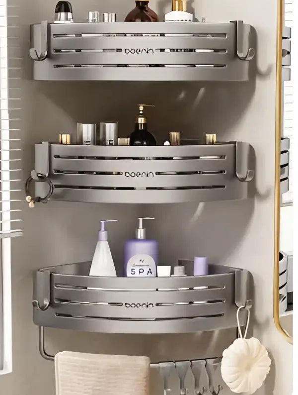 Silver aluminum two tier corner shelf with towel bar hook featuring boerin branded silver metallic shower caddy design