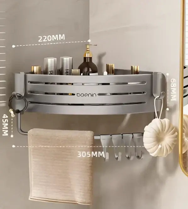 Silver aluminum two tier corner shelf with towel bar hook and slotted storage compartments for bathroom decorbites corner shelf