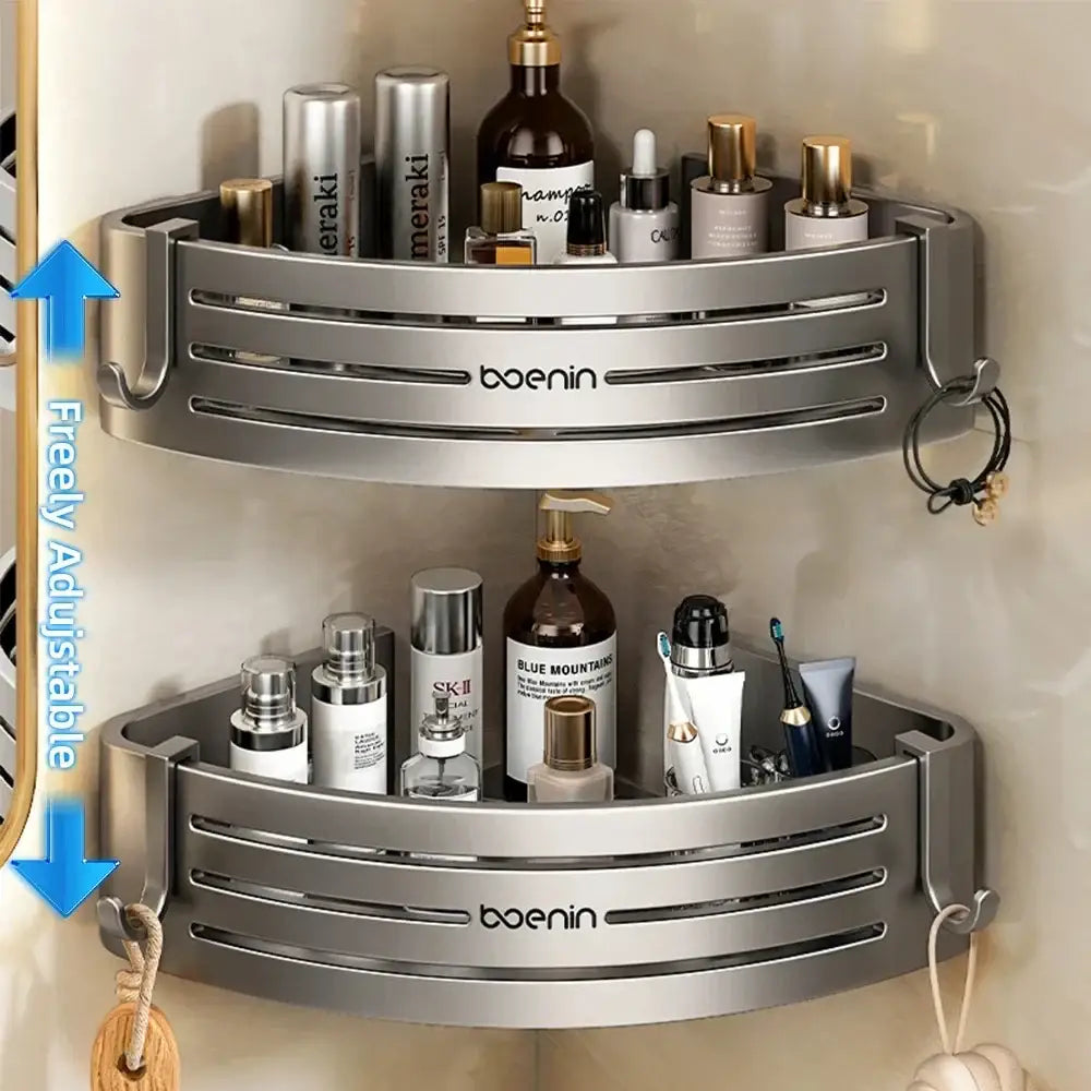 Silver aluminum two tier corner shelf with horizontal slats and towel bar hook by boenin for bathroom storage decorbites