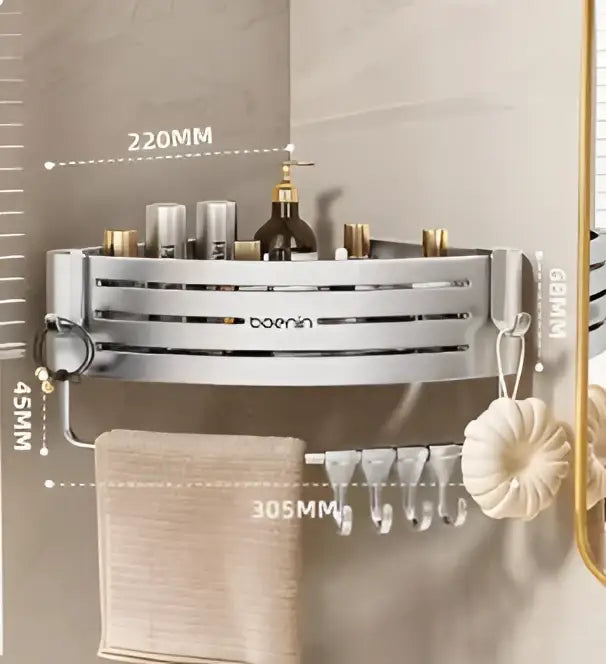 Silver aluminum two tier corner shelf with towel bar hook and multiple compartments for bathroom decorbites corner shelf