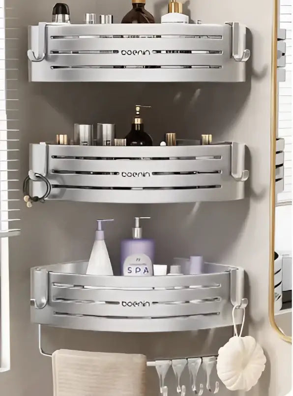 Silver aluminum two tier corner shower caddy with towel bar hook and boerin engraving for bathroom decorbites corner shelf