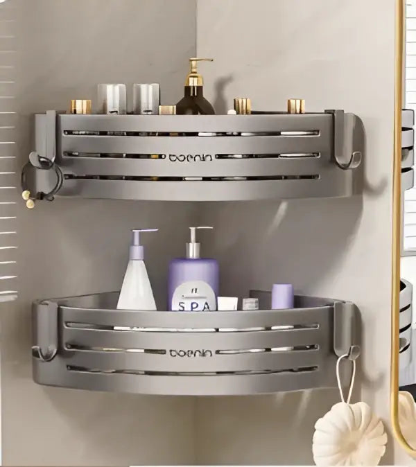 Silver aluminum two tier corner shelf with horizontal slats towel bar hook and boenin branding for bathroom decorbites corner shelf