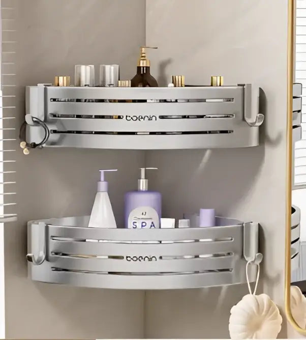 Silver aluminum two tier corner shelf with towel bar hook featuring a sleek modern design and horizontal slats decorbites corner shelf