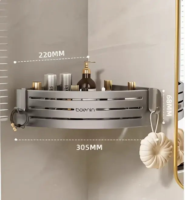Silver aluminum two tier corner shelf with towel bar hook and horizontal slats for bathroom decorbites corner shelf