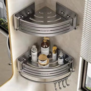 Silver aluminum two tier corner shelf with towel bar hook and slatted design by boenin for bathroom decorbites use