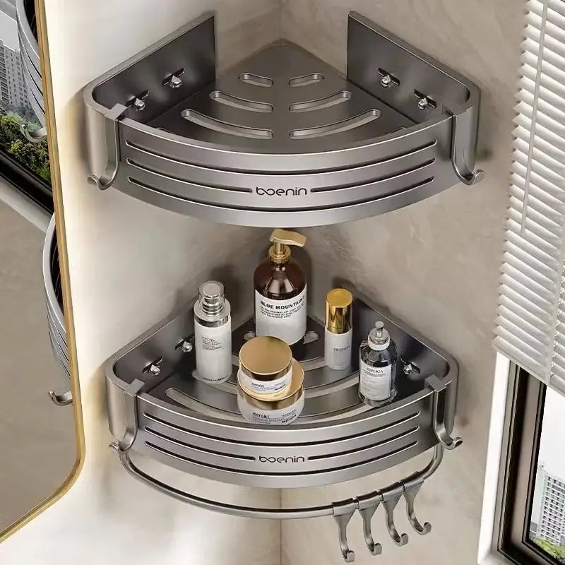 Silver aluminum two tier corner shelf with towel bar hook and slatted design by boenin for bathroom decorbites use
