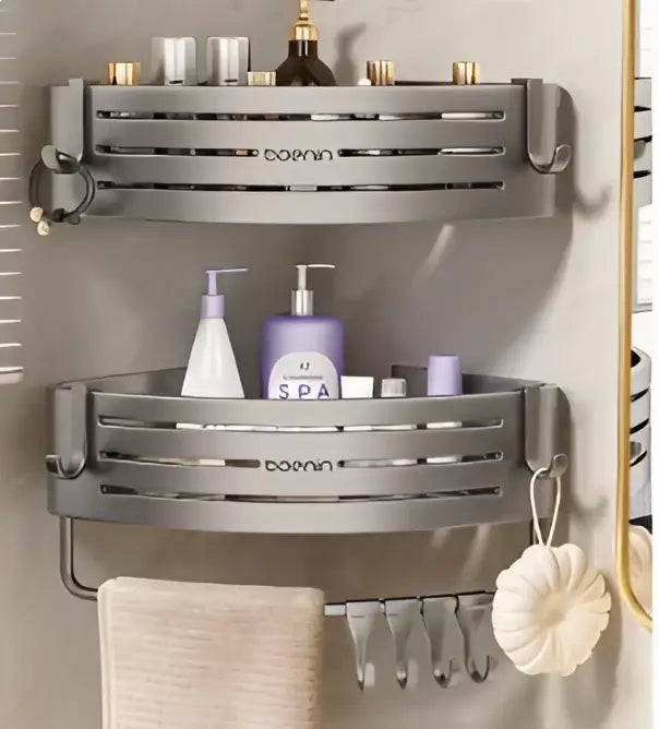 Silver aluminum two tier corner shelf with towel bar hook and boenin branding decorbites corner shelf for bathroom