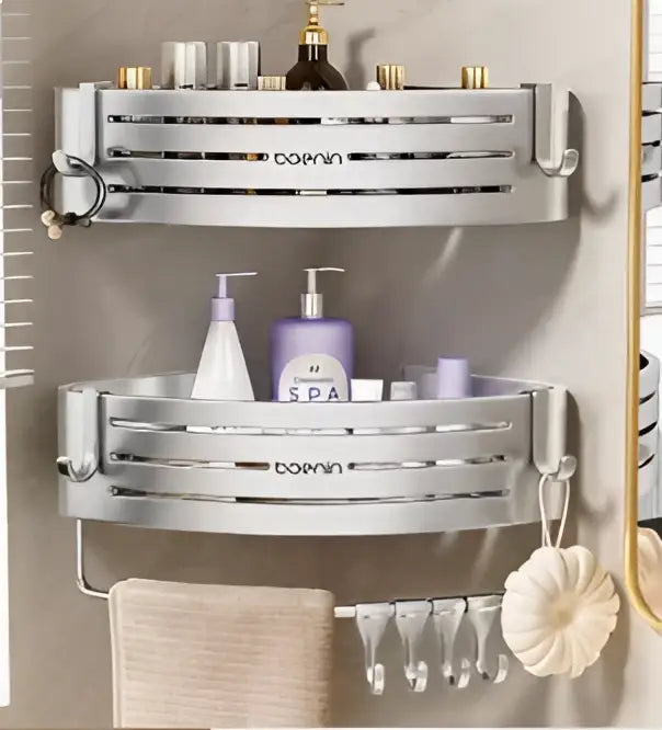 Silver aluminum two tier corner shelf with towel bar hook features a sleek modern design and horizontal slatted pattern