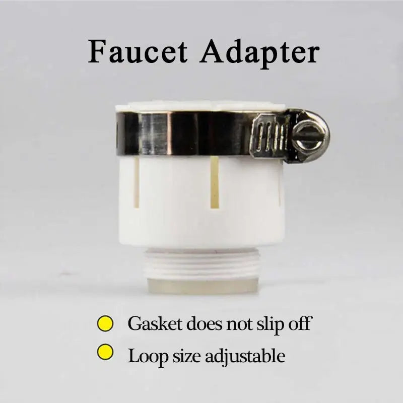 White plastic dual mode kitchen faucet aerator adapter with metallic clamp and threaded base for rotating nozzle
