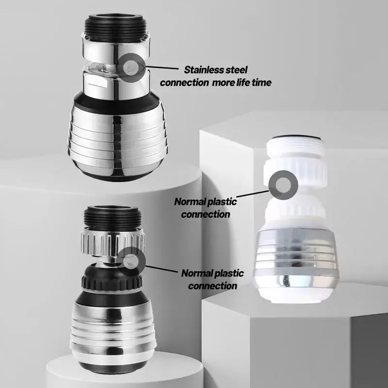Silver and black dual mode kitchen faucet aerator with stainless steel extender and black rubber seals for rotation