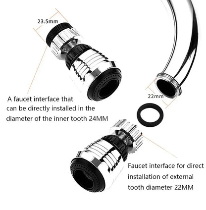 Chrome finished silver and black dual mode kitchen faucet aerator with black rubber seals for 22mm and 24mm faucets