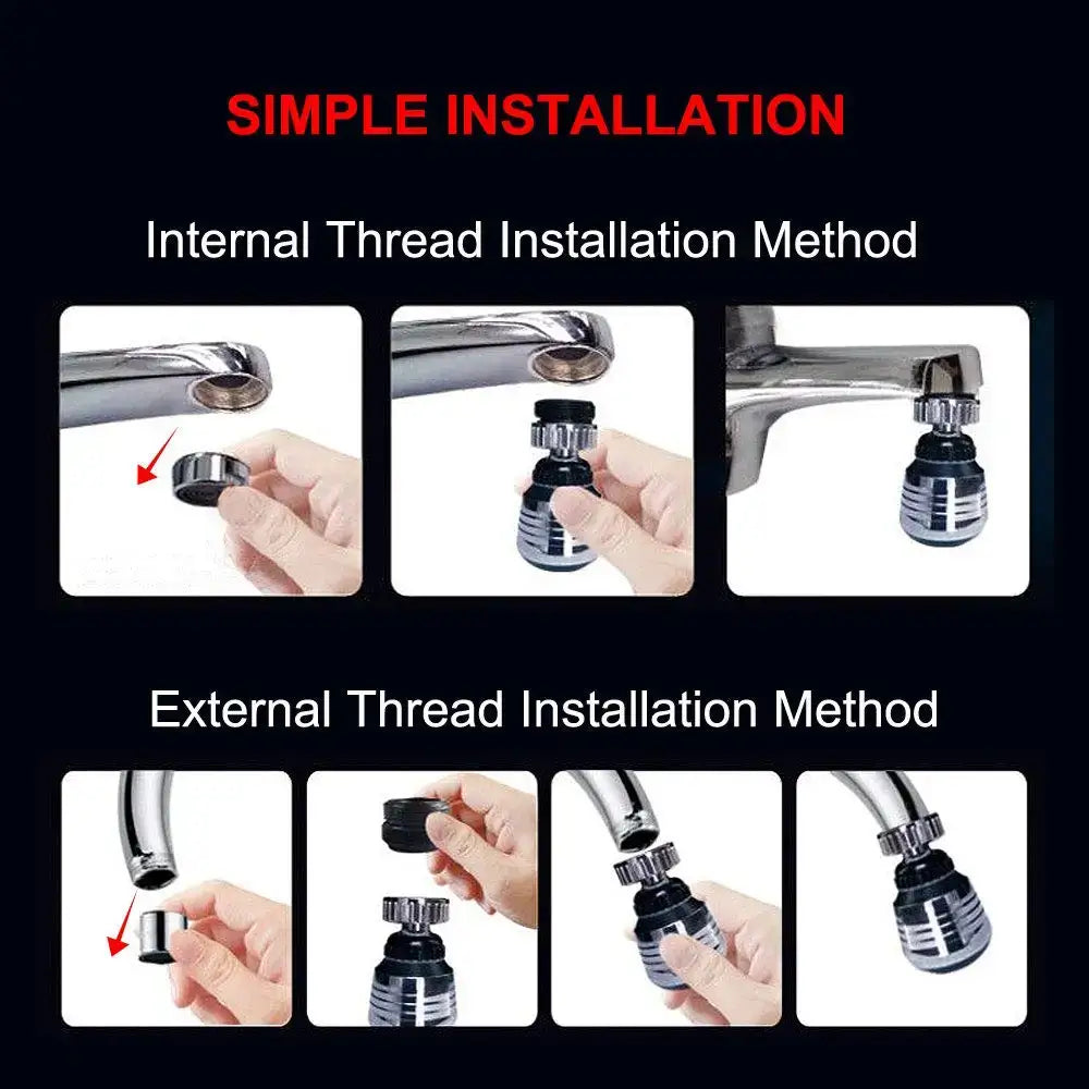 Silver and black dual mode kitchen faucet aerator with chrome finish, ridged metal body, and black rubber seal for easy installation