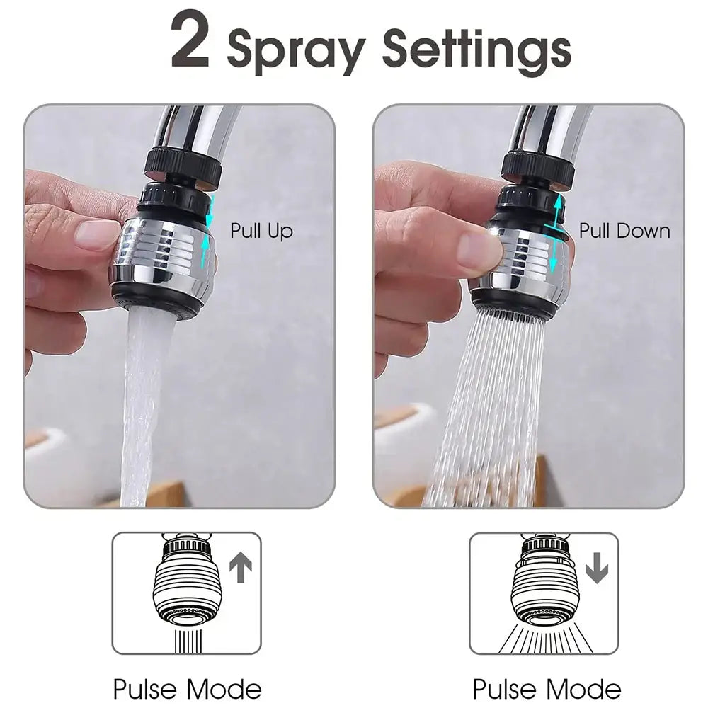 Silver and black dual mode kitchen faucet aerator with chrome finish, two spray settings, and adjustable pull-up pull-down nozzle