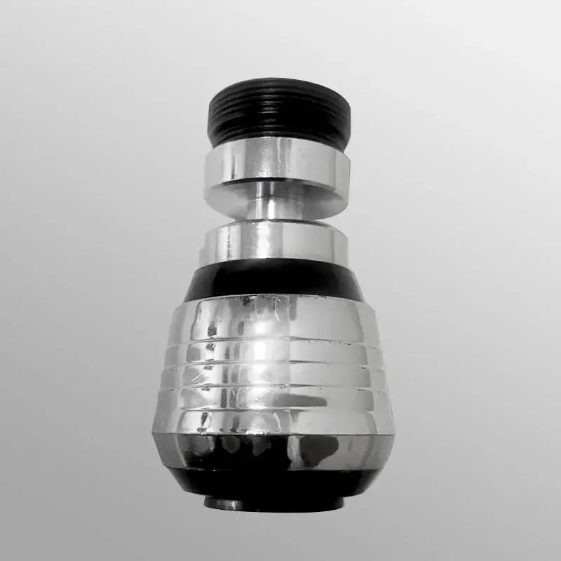 Silver and black dual mode kitchen faucet aerator with chrome finish, black rubber seals, and ridged metallic bands