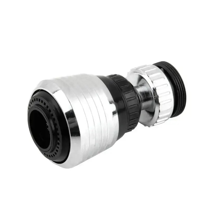 Chrome finished silver and black dual mode kitchen faucet aerator with ridged adjustment ring and black rubber seals