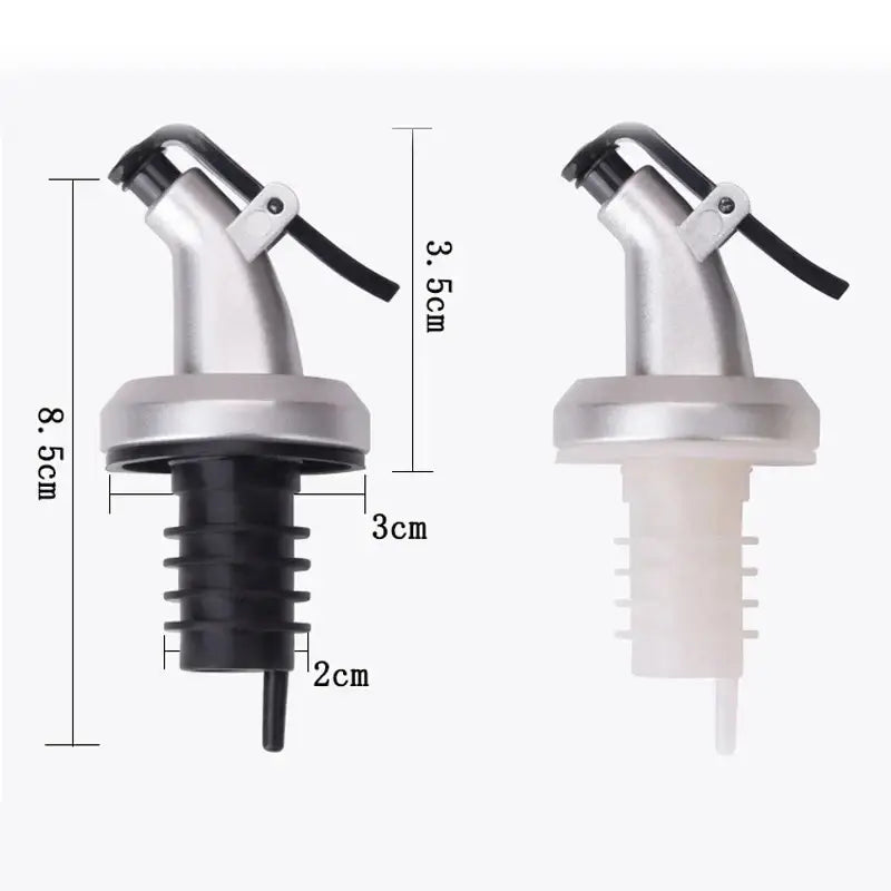 Silver and black metal lever bottle cap stopper set with pour spout for controlled liquid dispensing from decorbites