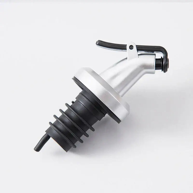 Silver and black oil dispenser with lever mechanism from decorbites bottle cap stopper set for kitchen use