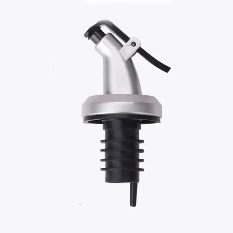 Silver and black lever bottle cap stopper set with pourer for controlled liquid dispensing decorbites bottle cap stopper