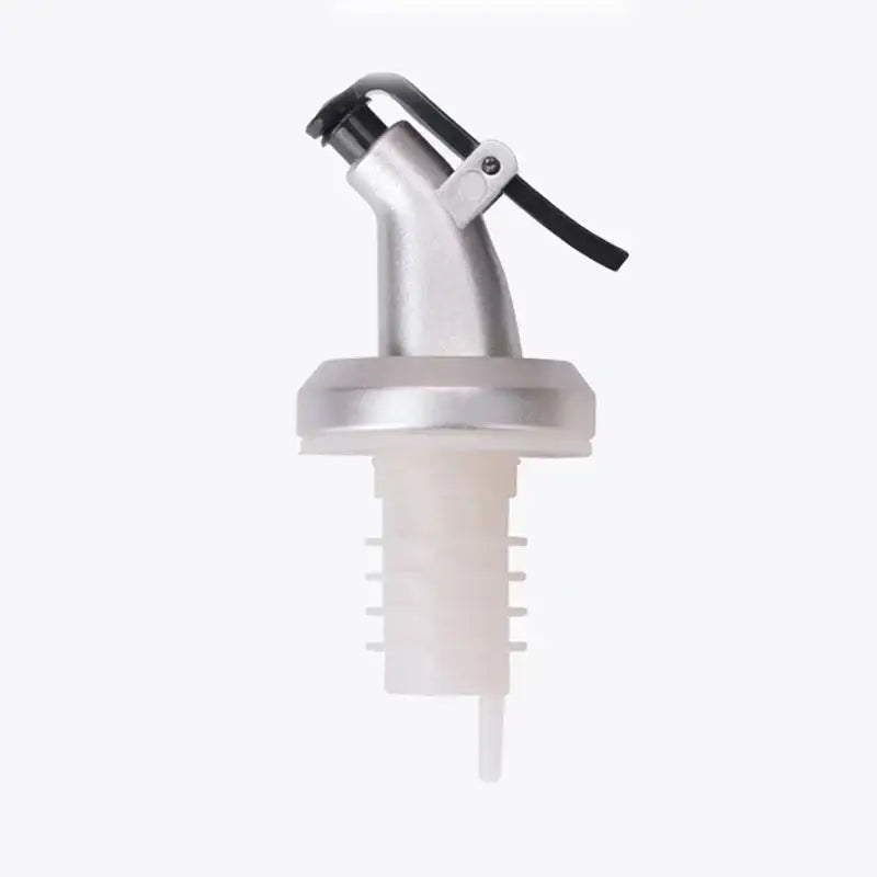 Silver and black lever bottle cap stopper set with silver-toned metal pour spout and white plastic base decorbites bottle cap