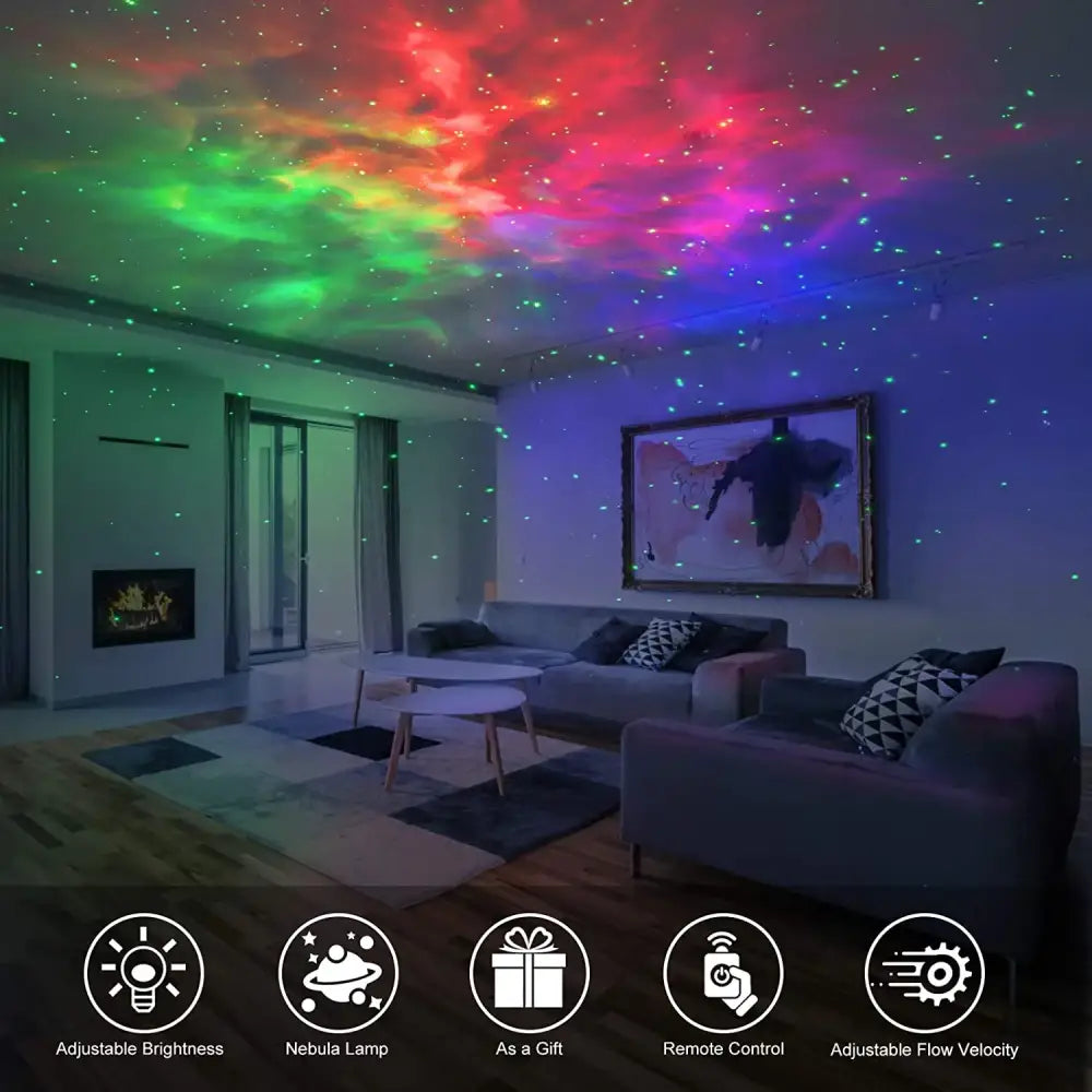 Silver and blue galaxy star projector night light casting vibrant red green and blue starry patterns for bedroom decorbites galaxy star
