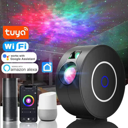 Black cylindrical silver and blue decorbites galaxy star projector night light with glowing lens for bedroom ambiance lighting