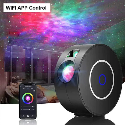 Black cylindrical silver and blue galaxy star projector night light with wifi app control and glowing lens for bedroom decorbites galaxy star