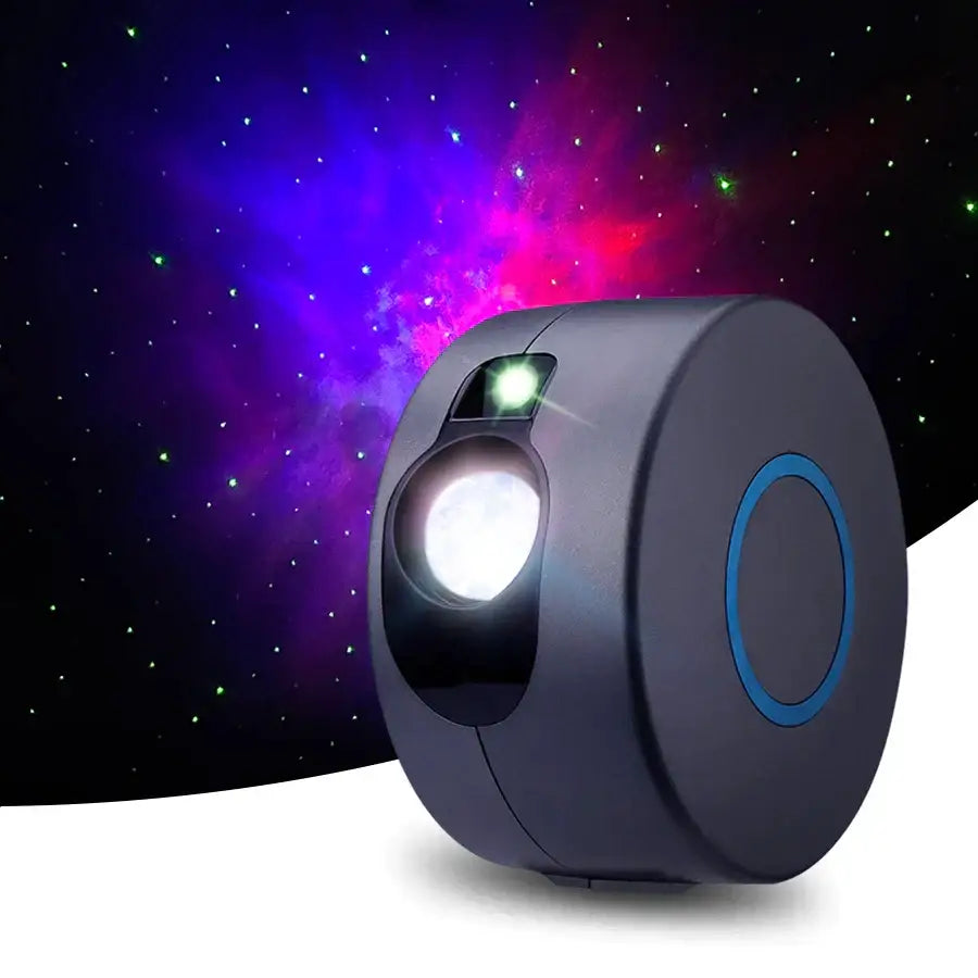 Silver and blue galaxy star projector night light with dark gray cylindrical body projecting vibrant purple nebulae decorbites galaxy star