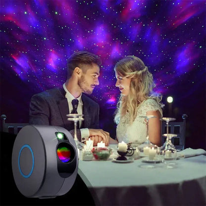 Silver and blue galaxy star projector night light with gray circular design and colorful lens for bedroom decorbites galaxy star