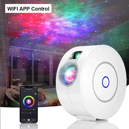 Silver and blue galaxy star projector night light with white circular design and wifi app control for decorbites galaxy star use