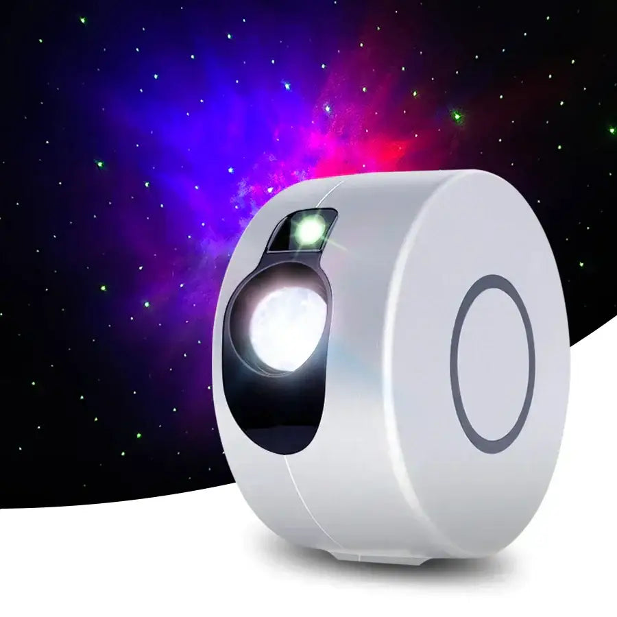 Silver and blue galaxy star projector night light with white cylindrical body and green power indicator for decorbites galaxy star use