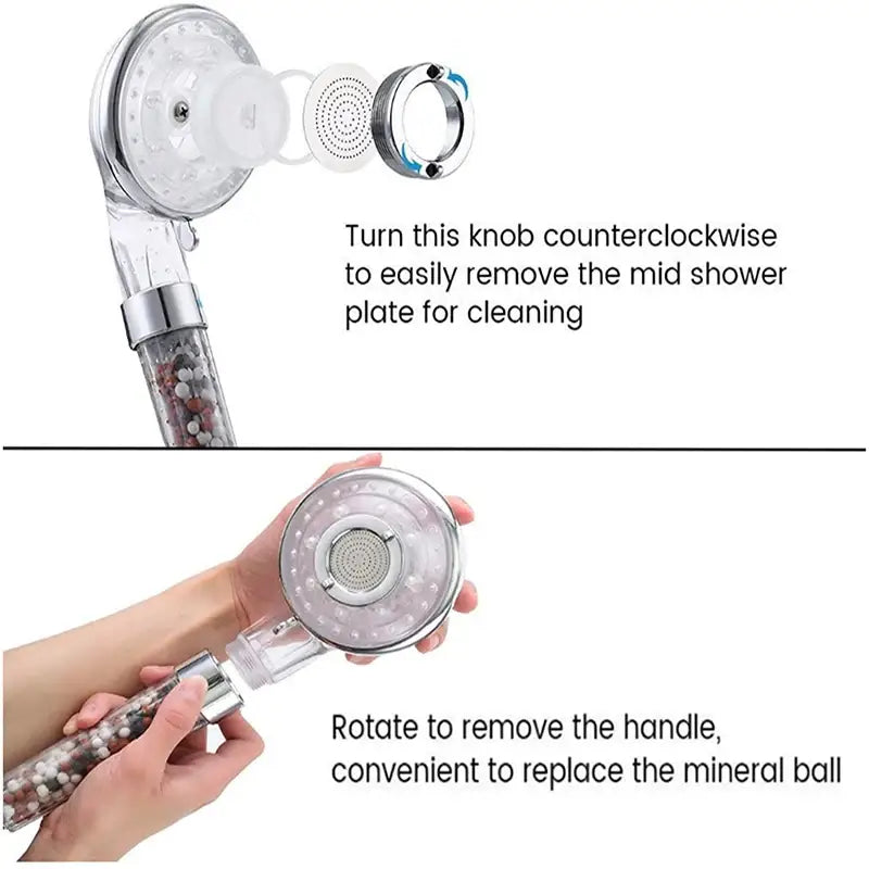 Silver and clear high pressure shower head with filter beads in a transparent tube and chrome accents for bathroom use