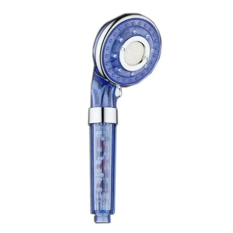 Silver and clear high pressure shower head with blue translucent filter beads and chrome accent for pressure shower use