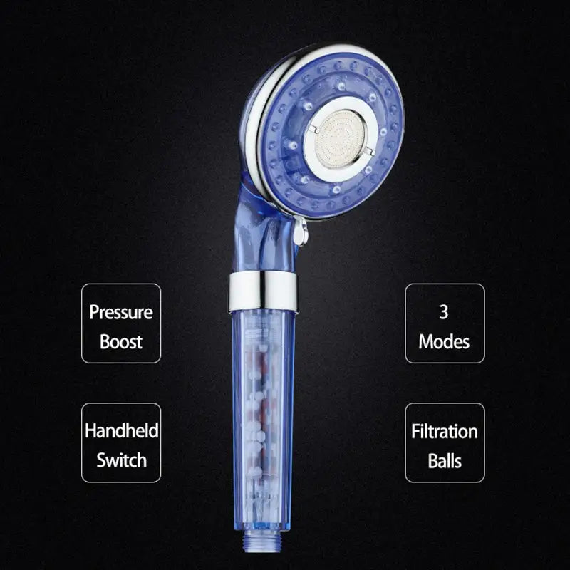 Blue handheld high pressure shower head with transparent filter beads and silver accents for bathroom use