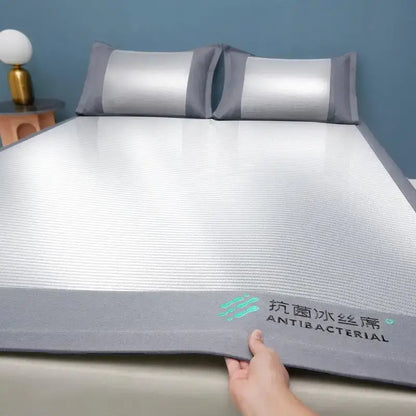 Silver and gray antibacterial cooling sheet with ribbed texture made of ice silk for decorbites cooling sheet use