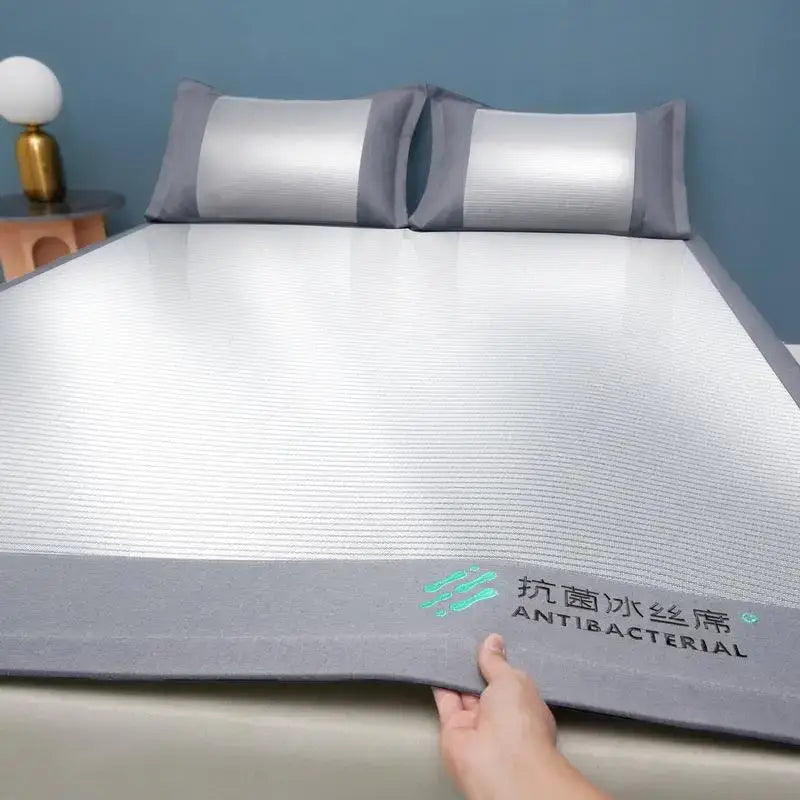 Silver and gray antibacterial cooling sheet with ribbed texture made of ice silk for decorbites cooling sheet use