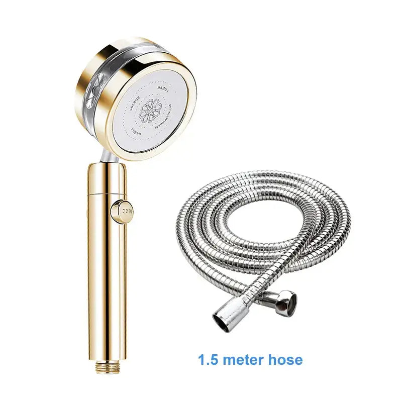 Gold finished handheld shower head with engraved settings and chrome hose for silver and purple double panel turbo use