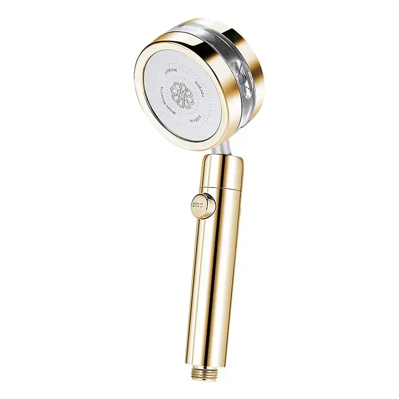Gold-colored handheld shower head with engraved floral design, part of silver and purple double panel turbo shower head