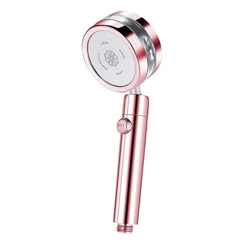 Rose gold handheld shower head with sleek cylindrical handle and floral engraved head in silver and purple double panel turbo design