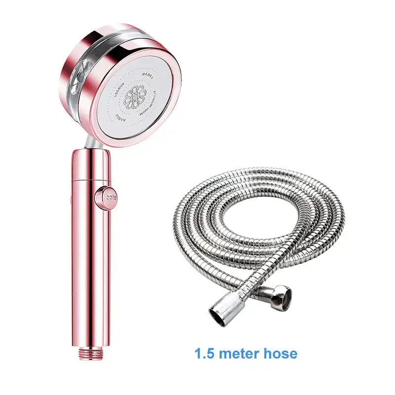 Rose gold handheld shower head with chrome accents and 1.5m flexible hose in a double panel turbo design