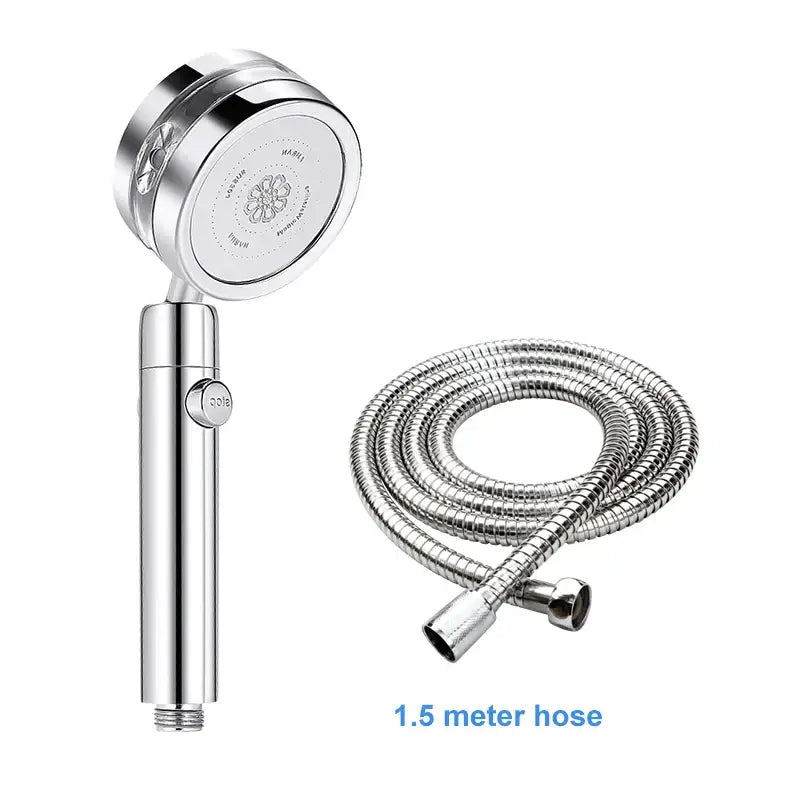 Shiny chrome-finished silver and purple double panel turbo shower head with textured grip and flexible metallic hose