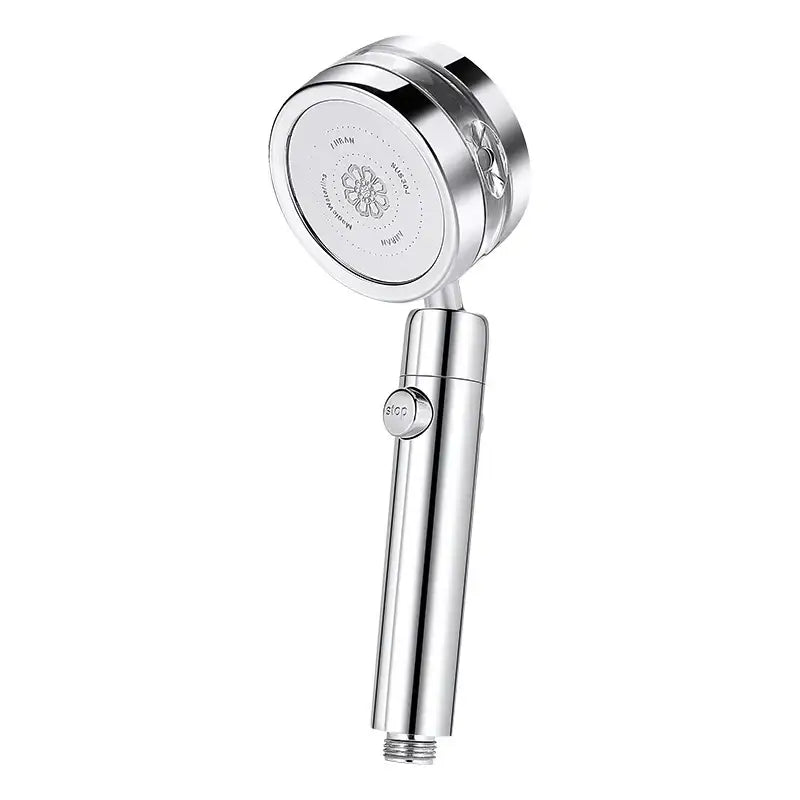 Shiny chrome double panel turbo shower head with engraved floral design and stop button on cylindrical handle in silver and purple