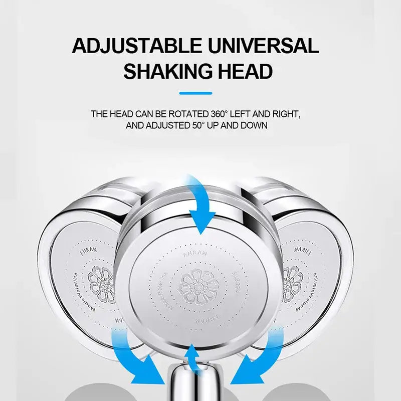 Silver and purple double panel turbo shower head with shiny chrome finish and engraved floral pattern circular design