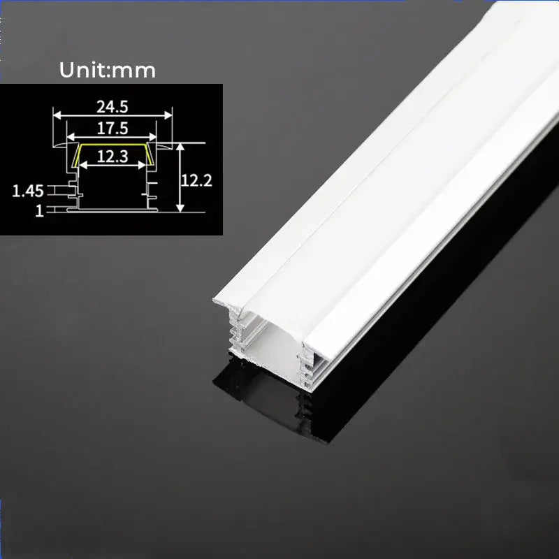 White aluminum profile recessed led strip channel with precise dimensions and sleek modern design for kitchen use