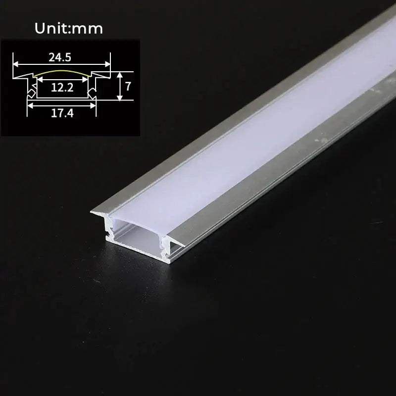 Silver and white aluminum profile recessed led strip channel with frosted diffuser and precise dimensions for kitchen use