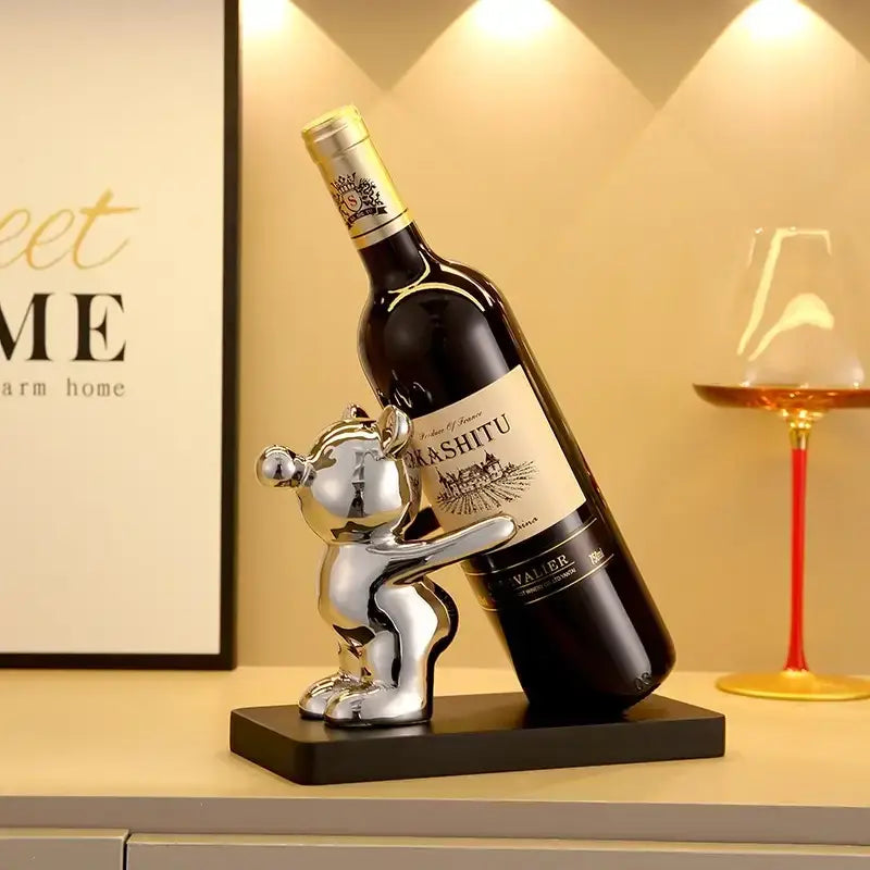 Shiny chrome silver and black bear wine rack with sleek minimalist design for kitchen wine rack cup storage